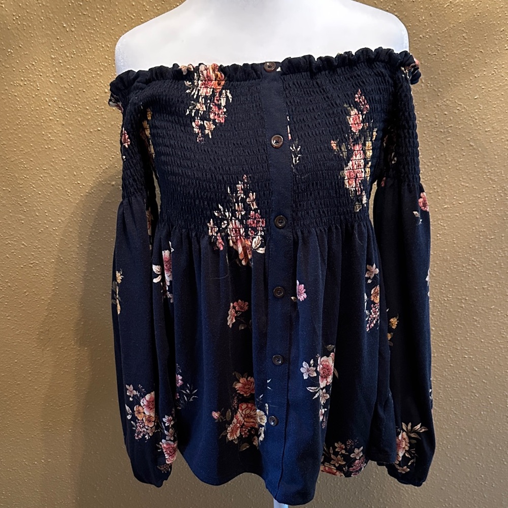 Xhilaration Navy Floral Off-Shoulder Blouse